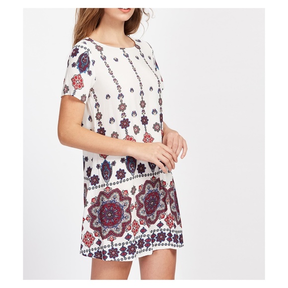 White Short Sleeve Mandala Print Shift Boho Dress - Picture 3 of 5
